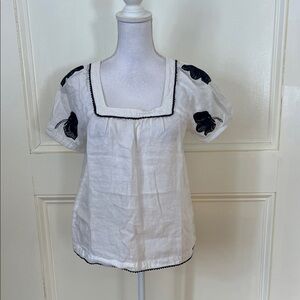 J. Crew Ivory Blouse with Navy Embroidery